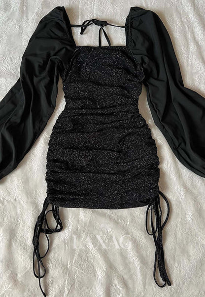 Bateau-Neck Long-Satin-Sleeves Pleated Glitter-Knit Short Mermaid Party Homecoming Dress