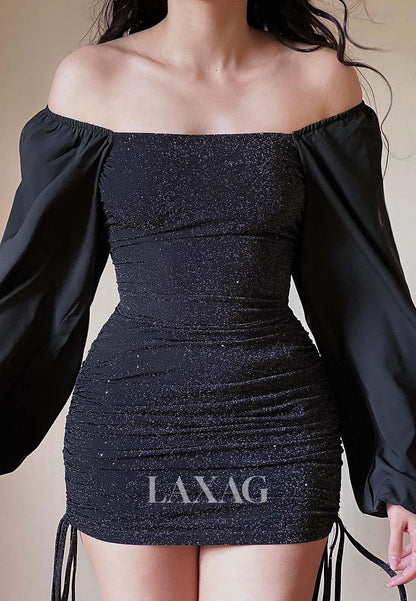 Bateau-Neck Long-Satin-Sleeves Pleated Glitter-Knit Short Mermaid Party Homecoming Dress