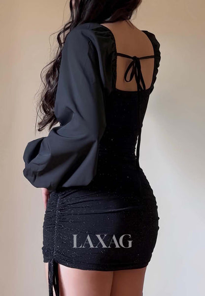 Bateau-Neck Long-Satin-Sleeves Pleated Glitter-Knit Short Mermaid Party Homecoming Dress