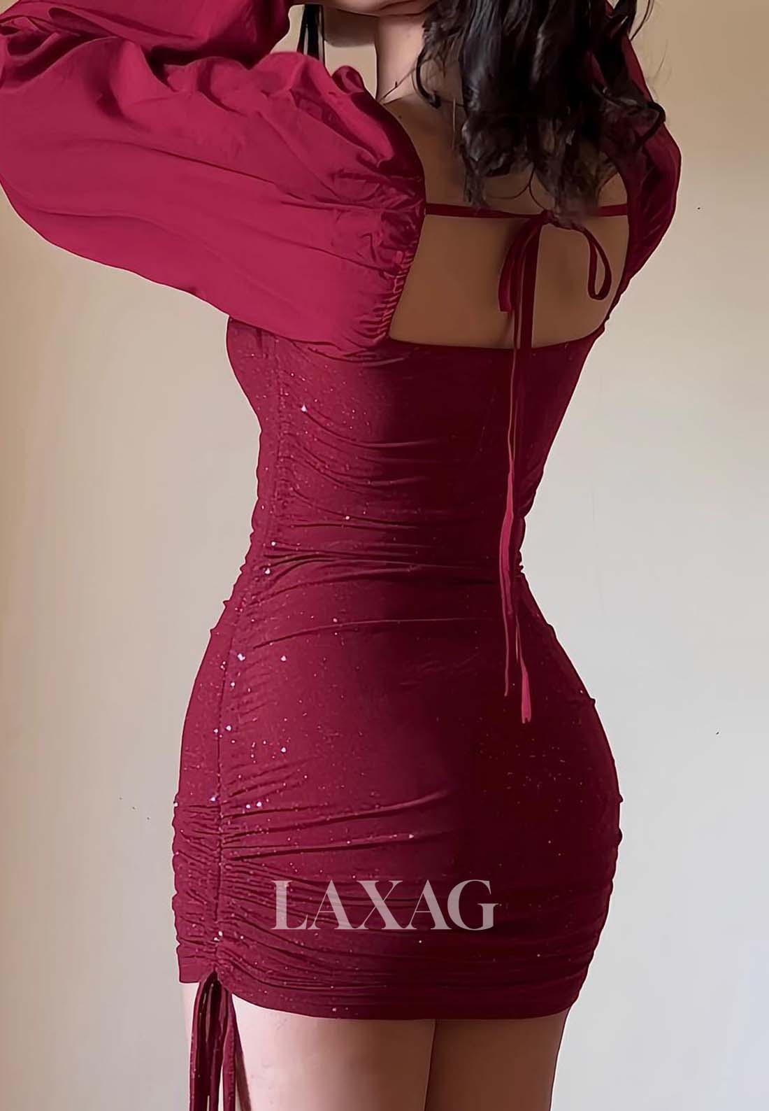 Bateau-Neck Long-Satin-Sleeves Pleated Glitter-Knit Short Mermaid Party Homecoming Dress