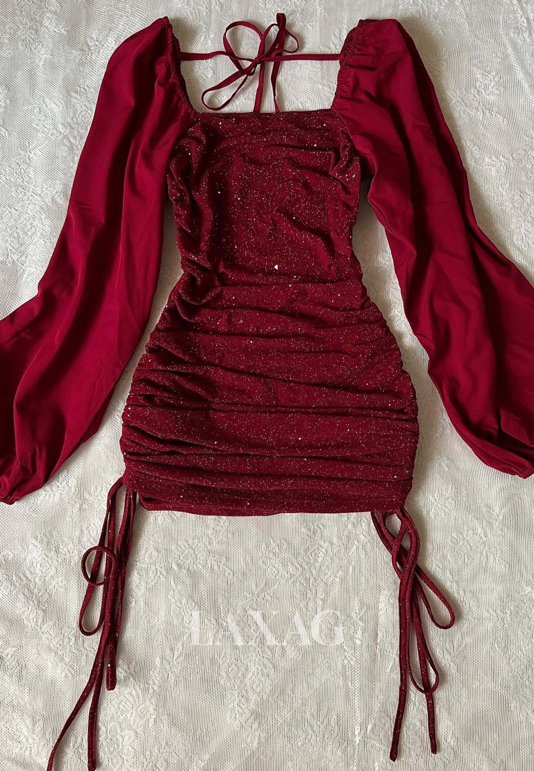 Bateau-Neck Long-Satin-Sleeves Pleated Glitter-Knit Short Mermaid Party Homecoming Dress