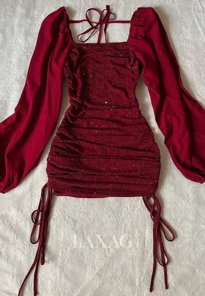 Bateau-Neck Long-Satin-Sleeves Pleated Glitter-Knit Short Mermaid Party Homecoming Dress