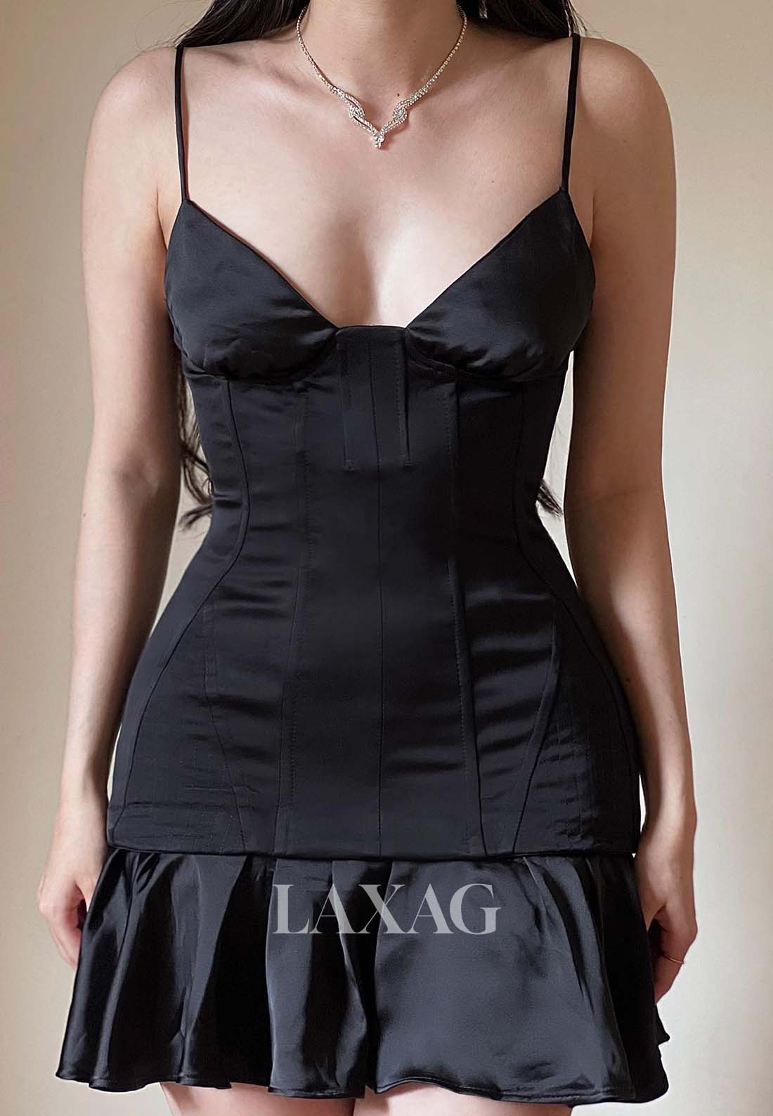 V-Neck Spaghetti Straps Off-Shoulder Pleated Satin Short Fitted Party Homecoming Dress