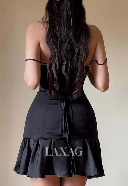 V-Neck Spaghetti Straps Off-Shoulder Pleated Satin Short Fitted Party Homecoming Dress