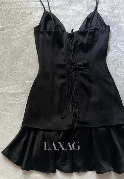 V-Neck Spaghetti Straps Off-Shoulder Pleated Satin Short Fitted Party Homecoming Dress