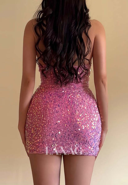 Halter-Neck Off-Shoulder Sleeveless Pleated Fully Sequined Short Mermaid Party Homecoming Dress
