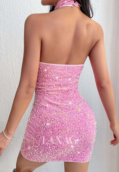 Halter-Neck Off-Shoulder Sleeveless Pleated Fully Sequined Short Mermaid Party Homecoming Dress