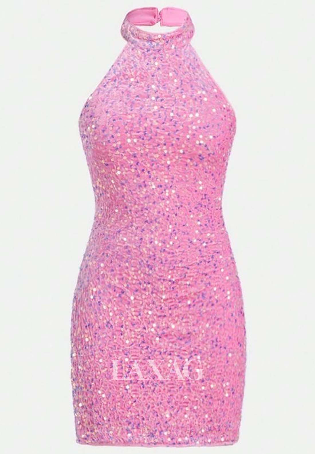 Halter-Neck Off-Shoulder Sleeveless Pleated Fully Sequined Short Mermaid Party Homecoming Dress