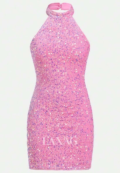 Halter-Neck Off-Shoulder Sleeveless Pleated Fully Sequined Short Mermaid Party Homecoming Dress