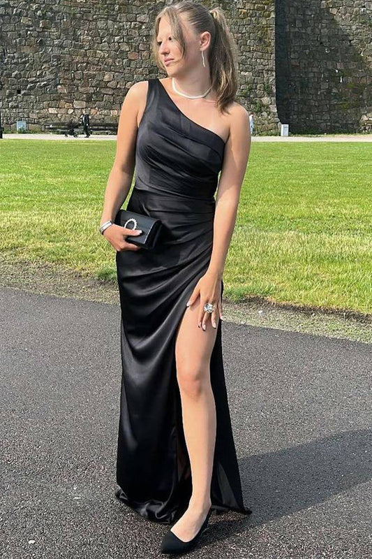 Asymmetrical-Neck Sleeveless Floor-Length Satin Pleated High Slit Mermaid Prom Dress