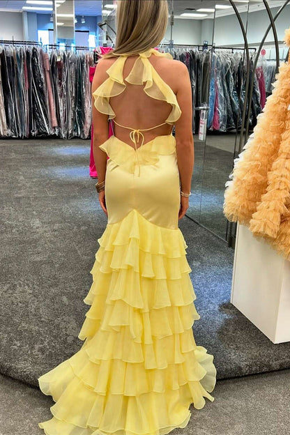 Halter V-Neck Sleeveless Pleated Chiffon Tiered Trumpet Mermaid Prom Dress with Slit