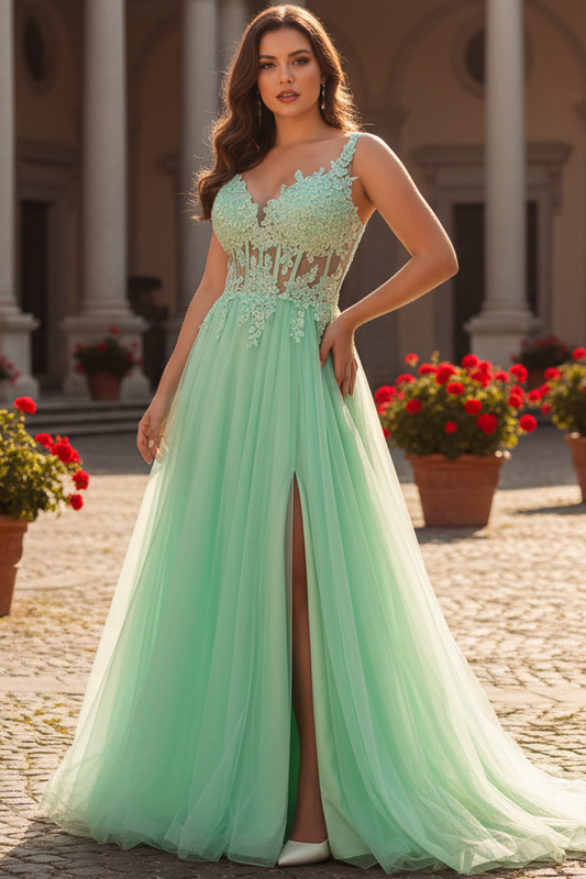 Deep V-Neck Spaghetti Straps Beaded Applique Tulle Pleated High Slit A-line Prom Dress