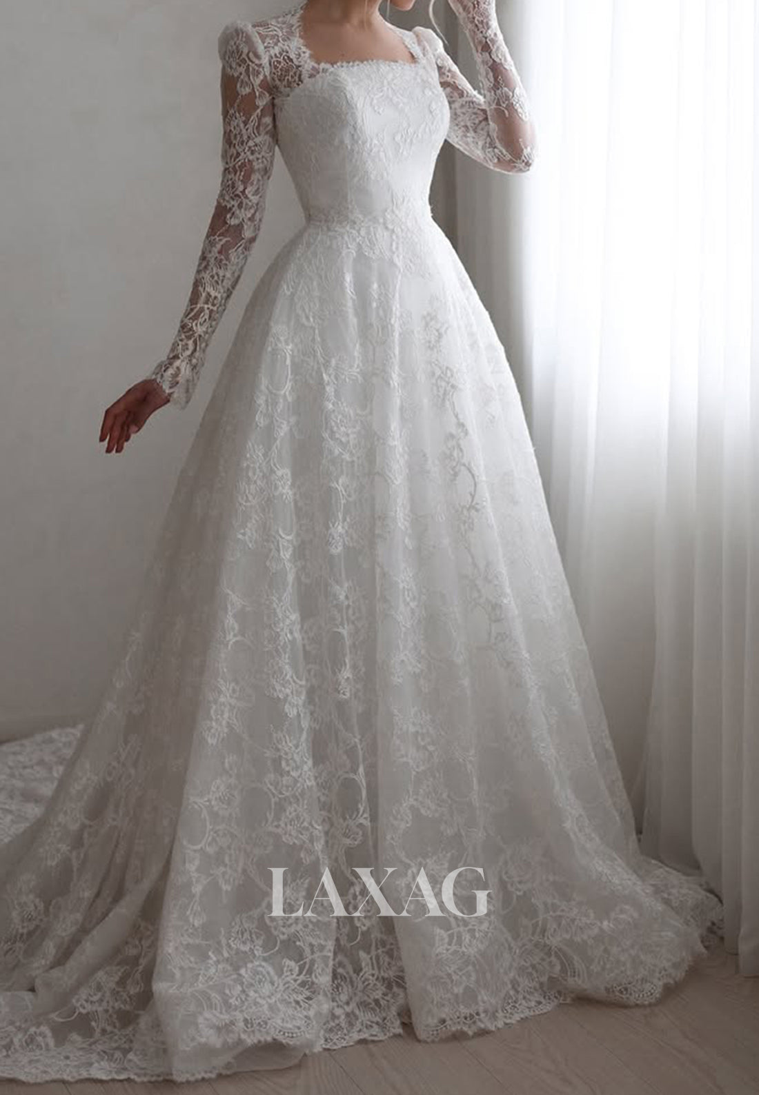 Square-Neck Long-Sleeves A-Line Wedding Dress Allover Lace Pleated She   Laxag