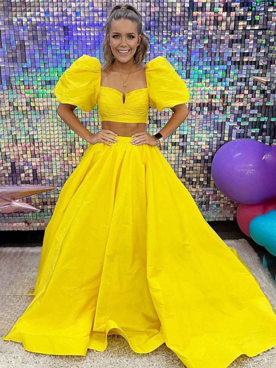 Two-Piece Sweetheart Puff-Sleeves Pleated Satin Long A-Line Prom Dress with Slit