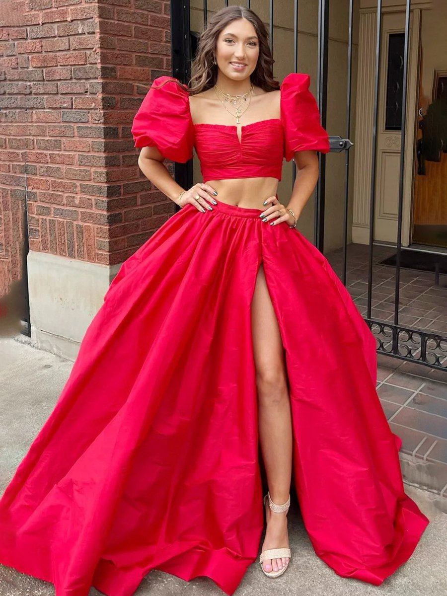 Two-Piece Sweetheart Puff-Sleeves Pleated Satin Long A-Line Prom Dress with Slit