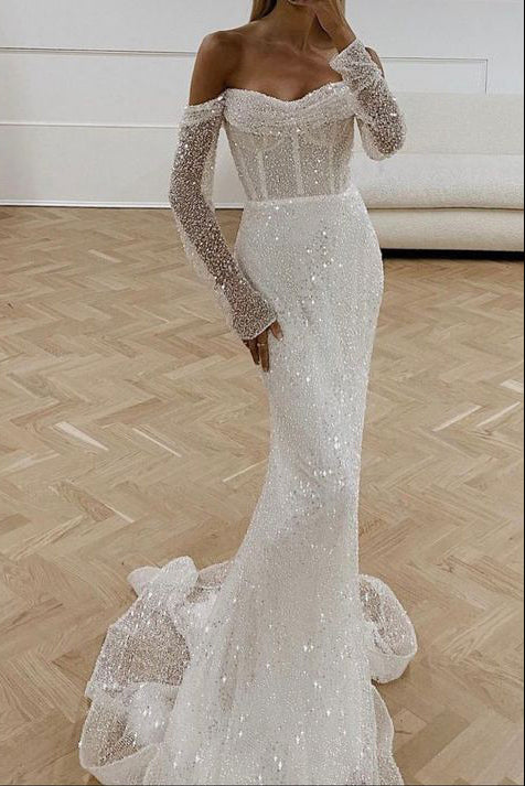 Sweetheart Long-Sleeves Fully Sequined Beaded Tulle Mermaid Wedding Dress