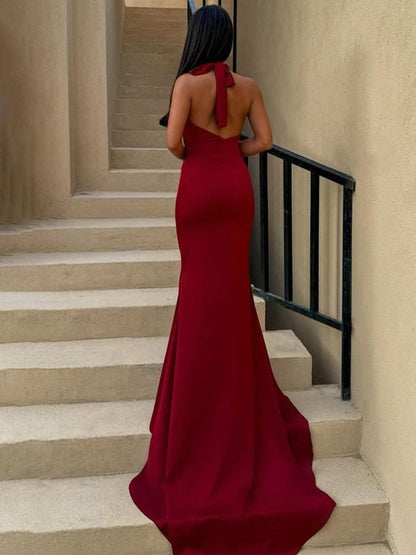 Halter-Neck Sleeveless Satin Pleated Simple Mermaid Prom Dress with Sweep Train