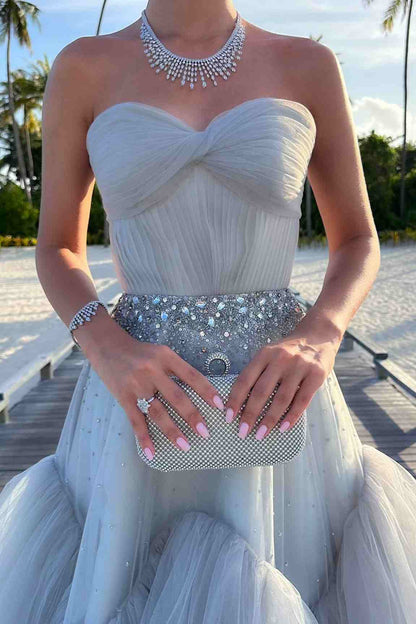 Sweetheart Sleeveless Pleated Tulle Party Gowns Off-Shoulder Beaded Tiered A-Line Prom Dress