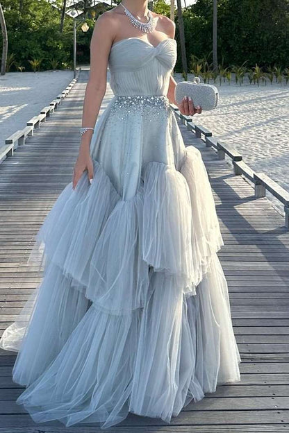 Sweetheart Sleeveless Pleated Tulle Party Gowns Off-Shoulder Beaded Tiered A-Line Prom Dress