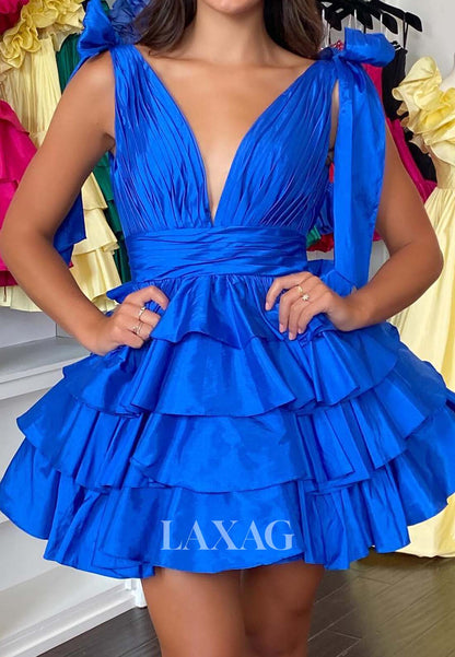 Deep V-Neck Bows-Straps Sleeveless Pleated Satin Tiered A-Line Party  Homecoming Dress