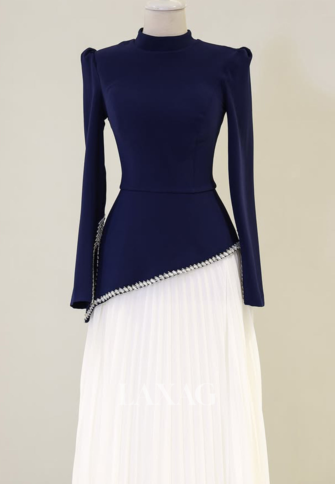 High-Neck Long Sleeves Fitted Wedding Guest Dress Beaded Pleated Floor-Length Satin Evening Gowns High-Neck Long Sleeves Fitted Wedding Guest Dress Beaded Pleated Floor-Length Satin Evening Gowns