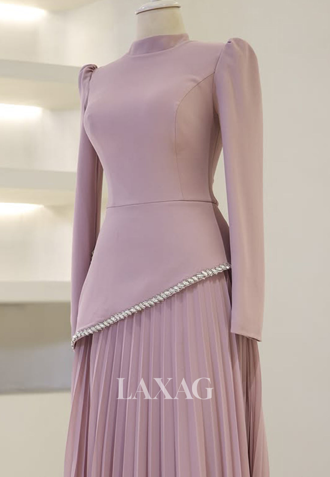 High-Neck Long Sleeves Fitted Wedding Guest Dress Beaded Pleated Floor Laxag High-Neck Long Sleeves Fitted Wedding Guest Dress Beaded Pleated Floor Laxag