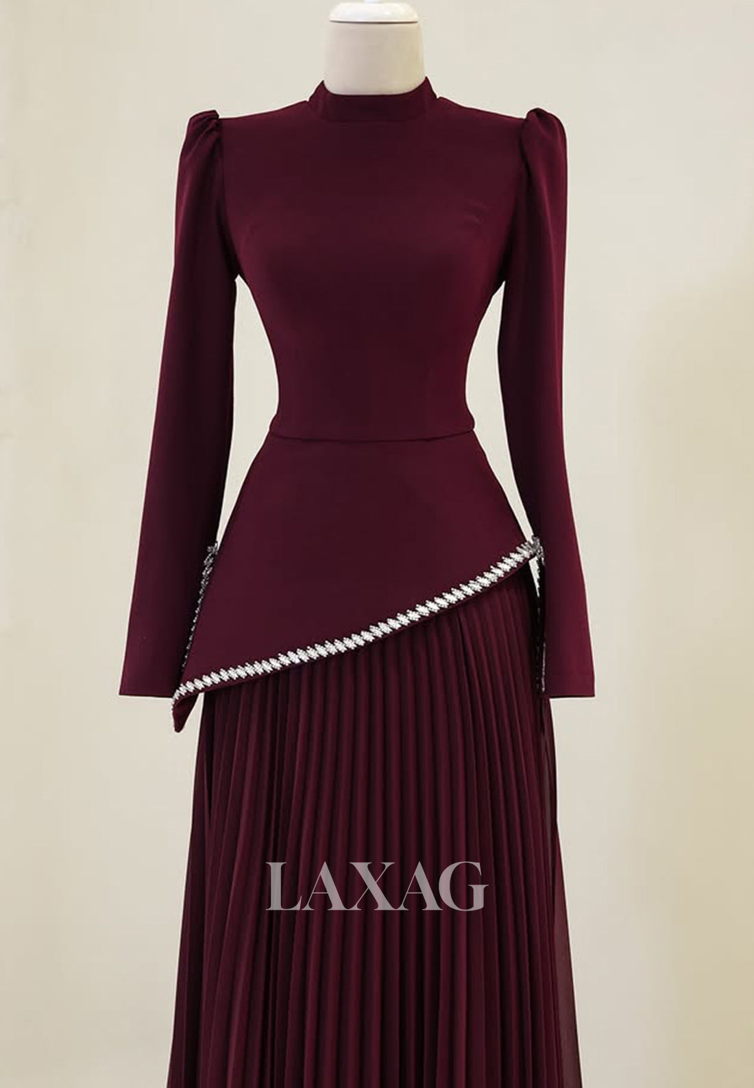 High-Neck Long Sleeves Fitted Wedding Guest Dress Beaded Pleated Floor Laxag High-Neck Long Sleeves Fitted Wedding Guest Dress Beaded Pleated Floor Laxag