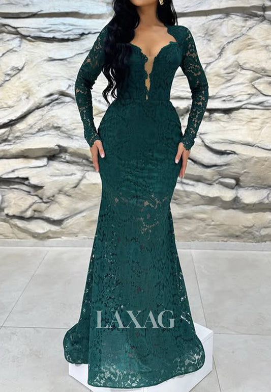 Deep V-Neck Long Sleeves Formal Gowns Allover Lace Pleated Sheer Mermaid Prom Dress