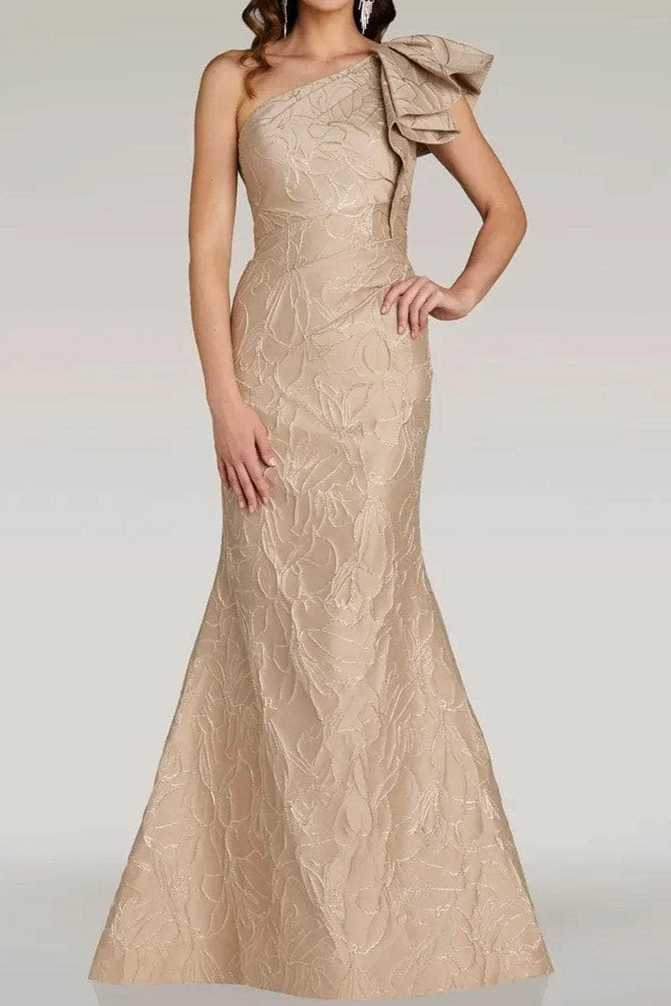 Asymmetrical-Neck Sleeveless Jacquard Ruffled Satin Floor-Length Mermaid Evening Dress