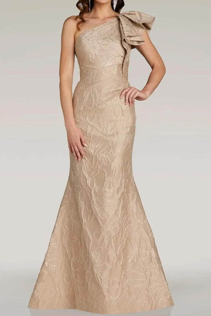 Asymmetrical-Neck Sleeveless Jacquard Ruffled Satin Floor-Length Mermaid Evening Dress
