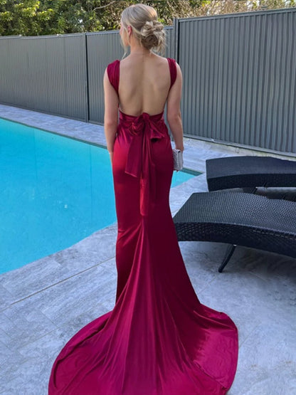 V-Neck Straps Satin Pleated Long Party Gowns Sleeveless Sweep Train Prom Dress