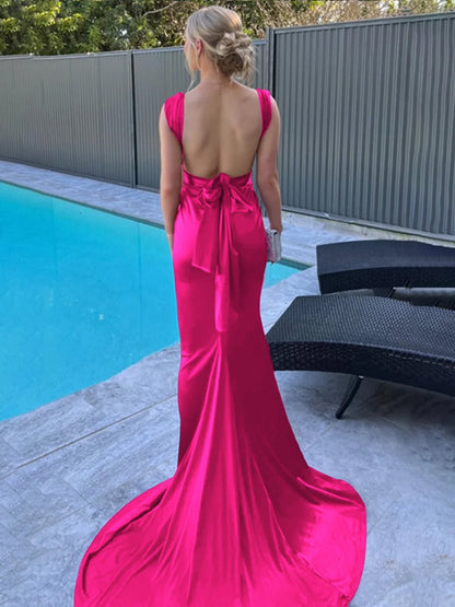 V-Neck Straps Satin Pleated Long Party Gowns Sleeveless Sweep Train Prom Dress
