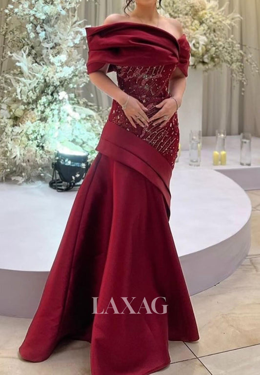 Asymmetrical-Neck Sleeveless Pleated Satin Formal Gowns Beaded Floor-Length Mermaid Evening Dress