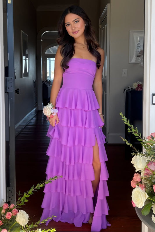Tube Top Strapless Slit A-Line Prom Dress Floor-Length Chiffon Pleated Tiered Party Gowns