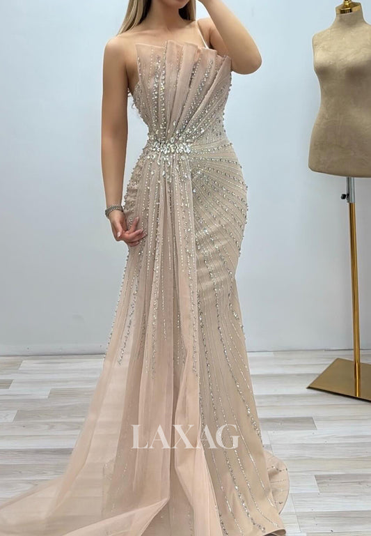 Tube Top Sleeveless Beaded Mermaid Evening Dress Pleated Tulle Formal Gowns with Sweep Train