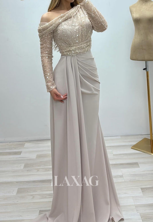 Long-Sleeves Asymmetrical-Neck Chiffon Sequined Lace&Chiffon Pleated Mermaid Evening Dress