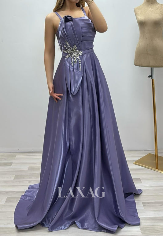 Spaghetti Straps Sleeveless A-Line Evening Dress Off-Shoulder Beaded Pleated Satin Formal Gowns