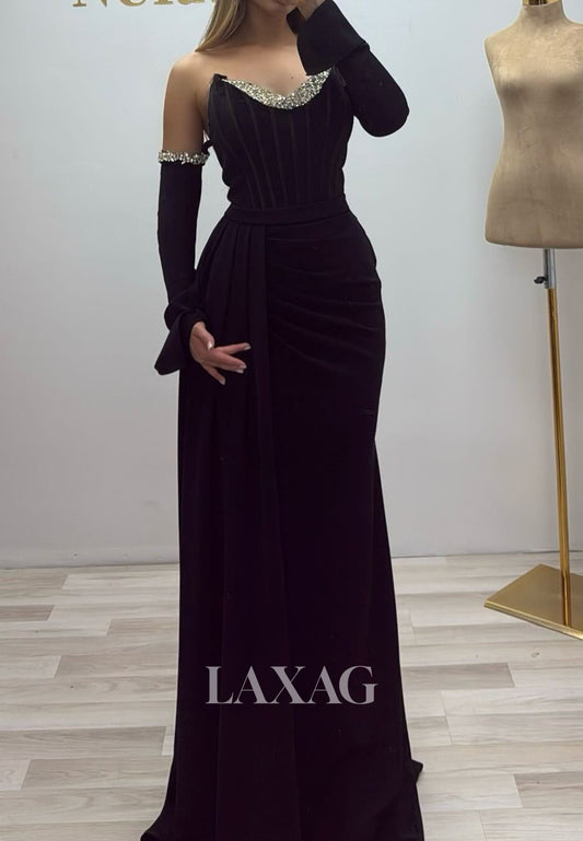 Beaded-Sweetheart Off-Shoulder Mermaid Evening Dress Long-Sleeveles Pleated Satin Formal Gowns