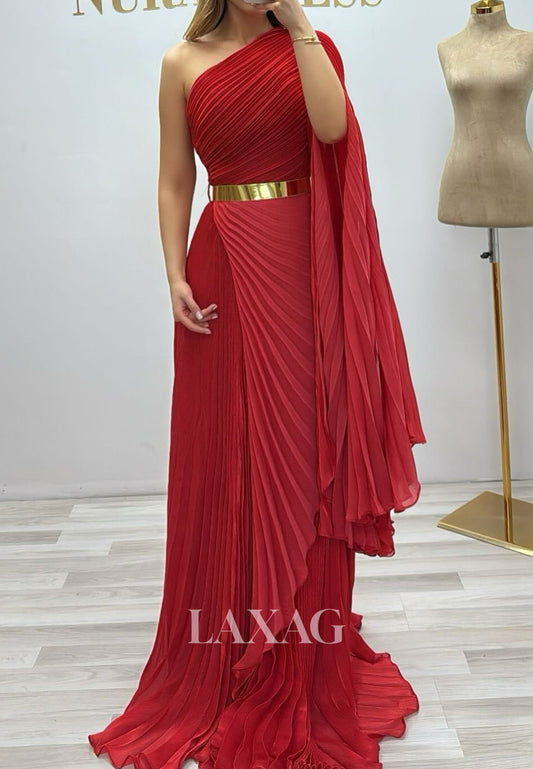 Asymmetrical-Neck Sleeveless Formal Gowns Chiffon Pleated Fitted Evening Dress with Train