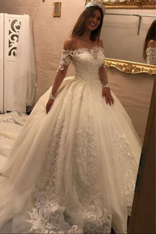 Sweetheart Off-Shoulder Long-Sleeves Lace Applique Tulle Pleated A-Line Wedding Dress