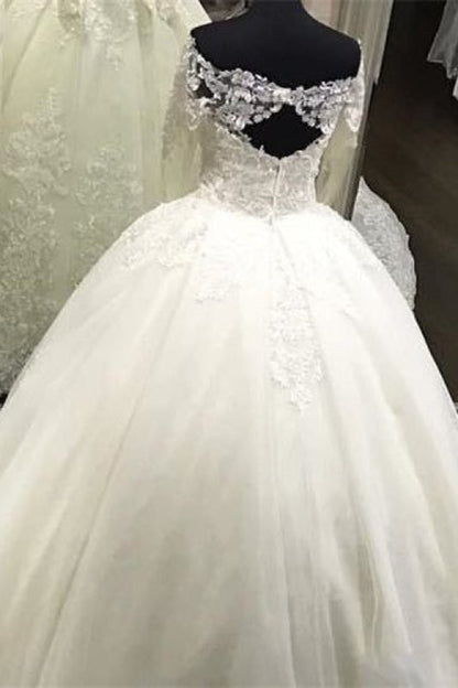 Sweetheart Off-Shoulder Long-Sleeves Lace Applique Tulle Pleated A-Line Wedding Dress