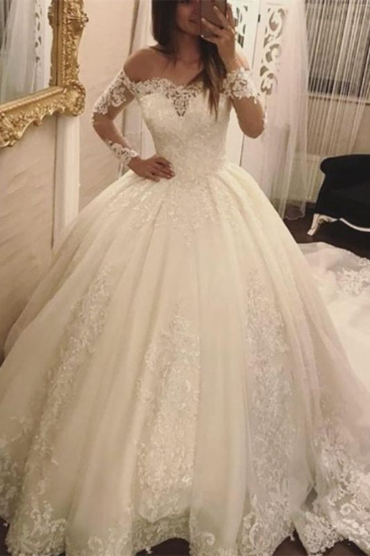 Sweetheart Off-Shoulder Long-Sleeves Lace Applique Tulle Pleated A-Line Wedding Dress
