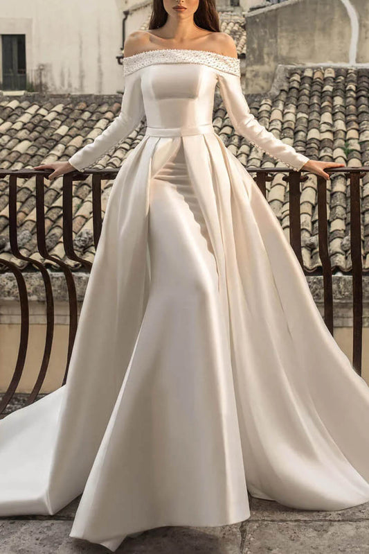 Bateau-Neck Long-Sleeves Beaded Satin Pleated Mermaid Wedding Dress with Overskirt