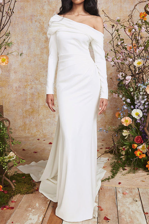 Asymmetrical-Neck Long-Sleeves Floor-Length Satin Pleated Mermaid Wedding Dress