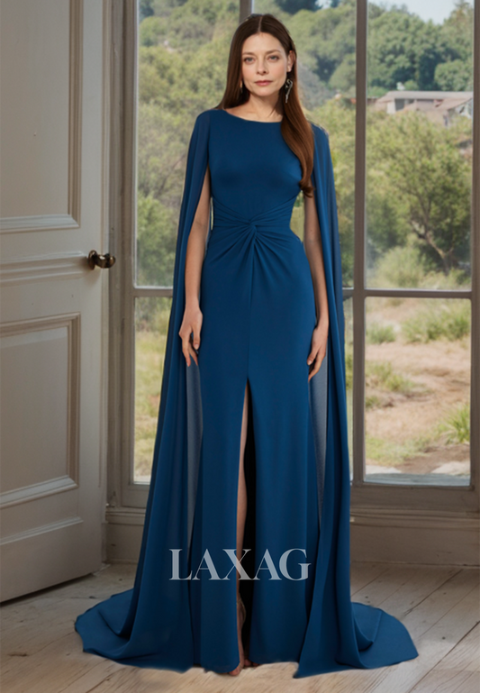 High Scoop-Neck Sleeveless Mother of the Bride Dress for Wedding Pleated Satin Slit Cocktail Dress with Train