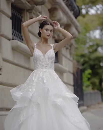 V-Neck Spaghetti Straps Beaded Sequined Applique Tulle Pleated Tiered A-Line Wedding Dress