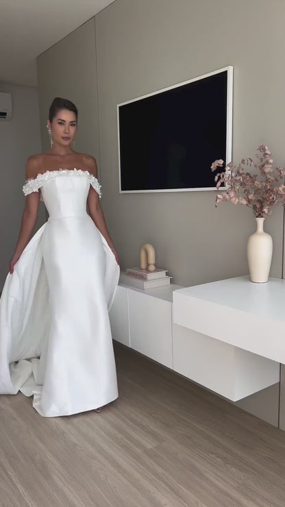 Bateau-Neck Sleeveless 3D-Floral Applique Satin Mermaid Wedding Dress with Train