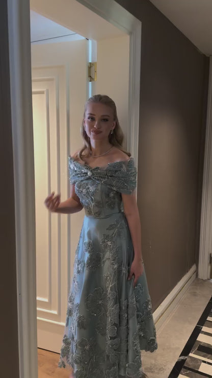 Off-the-Shoulder Embroidered A-Line Tea-Length Gown