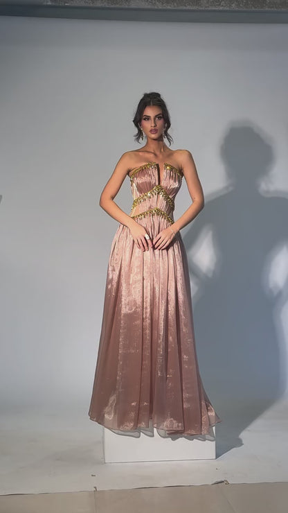 Tube Top Sleeveless Rhinestone Beaded Chiffon Pleated Floor-Length A-Line Formal Prom Dress