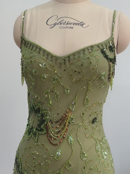 Spaghetti Straps Floor-Length Sequined Beaded Party Gowns Chiffon Trumpet Mermaid Prom Dress